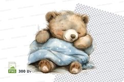 Sleeping teddy bear in blue pajamas on white bedding Product Image 1