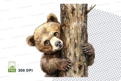Cute brown teddy bear hugging tree trunk clipart png Product Image 1