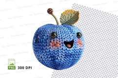 Cute knitted blue apple clipart with smiling face and leaf Product Image 1