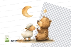 Teddy bear and sheep under moon night sky clipart Product Image 1