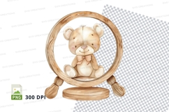 Cute teddy bear clipart in wooden hoop frame, 300 DPI PNG Product Image 1