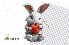 Cute gray bunny holding red heart clipart PNG 300 DPI Product Image 1