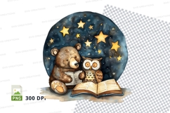 Teddy bear owl reading book night stars clipart png Product Image 1