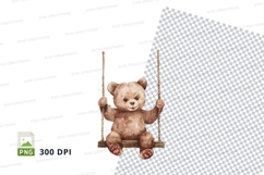 Teddy bear swinging on wooden swing clipart transparent back Product Image 1