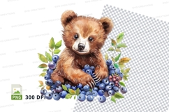 Cute brown bear cub holding blueberries clipart png Product Image 1