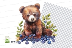 Cute brown bear clipart with blueberries on checkered cloth Product Image 1