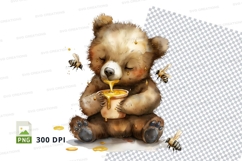 Cute teddy bear eating honey with bees clipart png Product Image 1