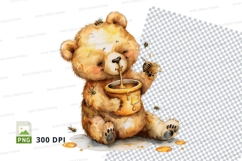 Teddy bear holding honey jar on white cloth clipart Product Image 1