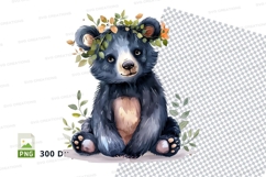 Cute black bear clipart with floral crown sitting on checker Product Image 1