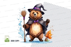 Cute bear witch flying on broom Halloween clipart PNG Product Image 1