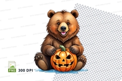 Cute brown bear holding Halloween pumpkin clipart PNG Product Image 1