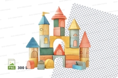 Colorful wooden castle toy on snowy mountain background Product Image 1
