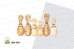 Wooden bowling pins clipart set smiling faces transparent PN Product Image 1