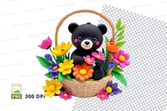 Cute black teddy bear in flower basket clipart png Product Image 1
