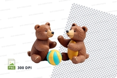 Two brown teddy bears hugging colorful toy on white backgrou Product Image 1