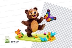 Cute brown bear holding colorful butterfly clipart png illus Product Image 1