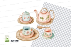 Pink floral teapot and cups clipart set on wood Product Image 1