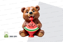 Cute brown teddy bear eating watermelon clipart PNG Product Image 1