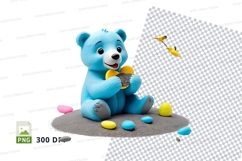 Blue teddy bear eating ice cream with colorful toys on white Product Image 1