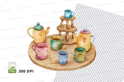 Colorful teapot and cups clipart set on wooden tray Product Image 1