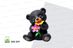 Cute black bear clipart holding pink flower bouquet Product Image 1