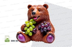 Cute brown bear holding grapes clipart PNG transparent backg Product Image 1