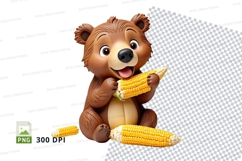 Cute brown teddy bear eating corn clipart PNG Product Image 1