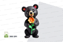 Cute black bear holding yellow flower clipart png Product Image 1