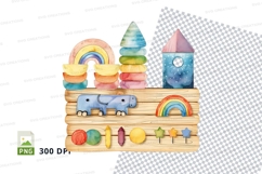 Colorful kids wooden toy box with rainbow and books clipart Product Image 1