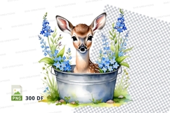 Cute fawn deer in metal bucket with blue flowers clipart png Product Image 1