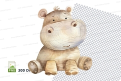 Cute wooden hippo toy sitting on white mesh background Product Image 1