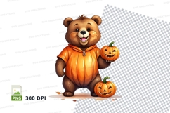Cute bear holding pumpkin Halloween clipart PNG 300 DPI Product Image 1
