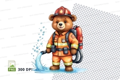 Cute firefighter teddy bear clipart holding hose 300 DPI PNG Product Image 1