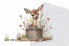 Cute baby deer in metal bucket with wildflowers clipart Product Image 1