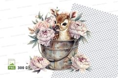 Cute deer fawn in silver bowl with white peonies clipart Product Image 1