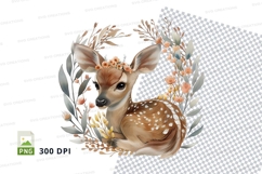 Cute deer fawn clipart with floral wreath, watercolor PNG Product Image 1