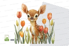 Cute deer fawn clipart with tulips in spring meadow Product Image 1