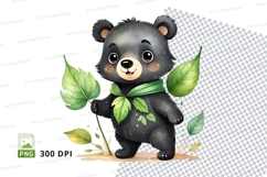 Cute black cartoon bear holding green leaves clipart png Product Image 1