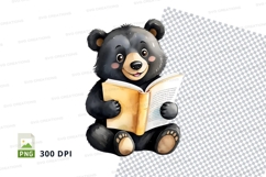 Cute black bear reading book clipart transparent PNG Product Image 1