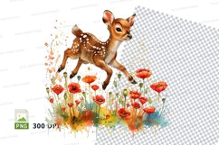 Cute fawn deer clipart in watercolor meadow with flowers Product Image 1