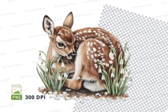 Baby deer fawn resting in spring snowdrops meadow clipart Product Image 1