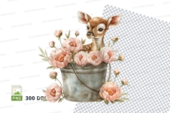 Cute fawn with pink roses in vintage tin can clipart png Product Image 1