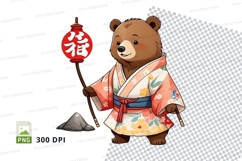 Cute Japanese Bear Clipart in Kimono Holding Lantern PNG Product Image 1