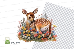 Cute fawn deer sitting in colorful wildflower meadow clipart Product Image 1
