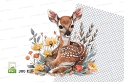 Cute baby deer clipart sitting in floral spring meadow water Product Image 1