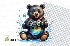 Cute gaming bear clipart holding controller in water splash Product Image 1