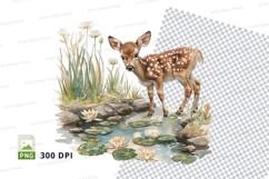 Baby deer standing by pond in nature clipart illustration Product Image 1