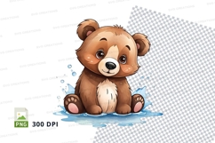 Cute brown teddy bear sitting in water splash clipart png Product Image 1