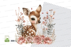 Cute fawn deer clipart in floral wreath with roses and polka Product Image 1