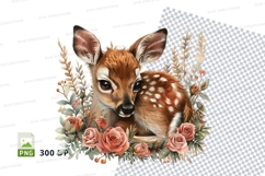 Cute baby deer fawn with roses floral wreath clipart PNG Product Image 1